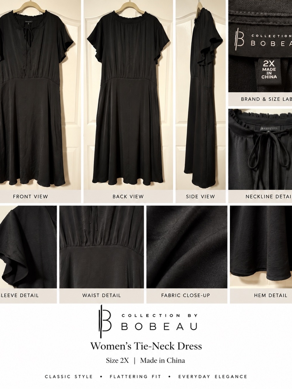bobeau Women's Black Tie‑Neck Midi Dress